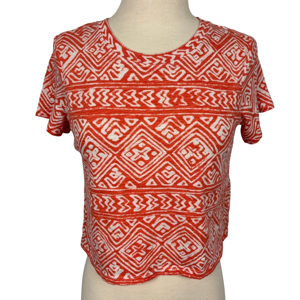 Aeropostale Womens XS Orange Geometric Tribal Print Crop Top Short Sleeve‎